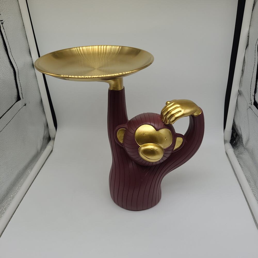 NENBOLEC Monkey Catchall Tray Statue Maroon Gold Key Candy Dish 25cm Open Box